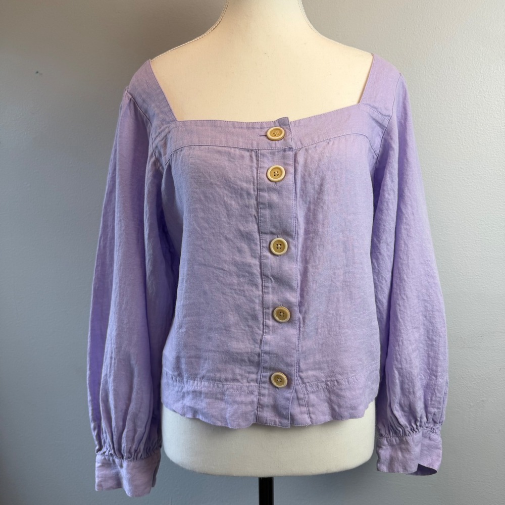 J.Crew Large Lilac Purple 100% Linen Square Neck Puff Sleeve Button Front Top